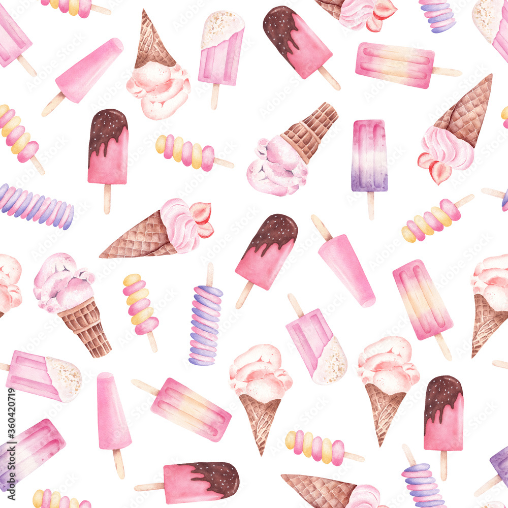 Watercolor summer food digital paper. Popsicles ice cream seamless pattern isolated on white background.