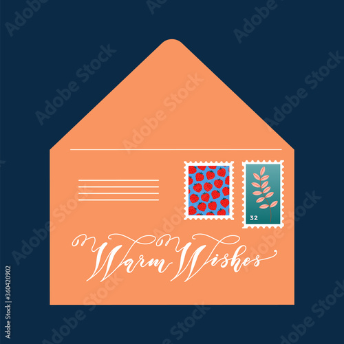 Hand-drawn isolated vector envelope. Beautiful envelope decorated with post stamps and hand lettering. Trendy vector illustration for web and print.
