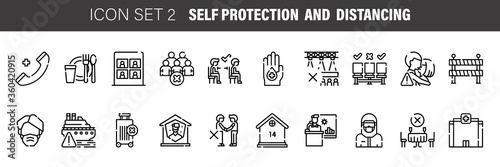 Self protection and Social Distancing outline icon set. Include such icons as Stay Home, Protection, Safety Distance and more.