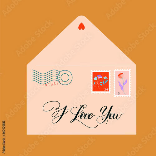 Hand-drawn isolated vector envelope. Beautiful envelope decorated with post stamps and hand lettering. Trendy vector illustration for web and print.