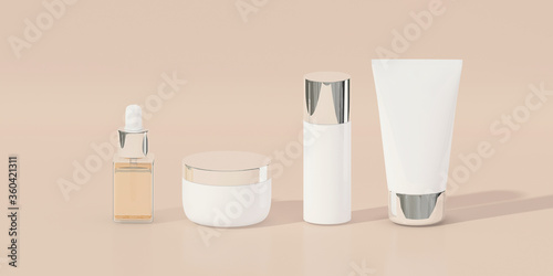 Cosmetic products on the pastel brown background.3d rendering.cosmetic minimal concept
