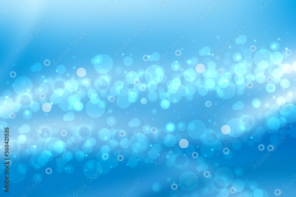 Abstract underwater illustration. Nice abstract gradient blue white lightening bokeh background with sunshine and rays and with circles from unterwater bubbles. Beautiful blue texture with space.