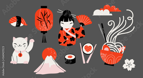 Set of hand-drawn traditional Japanese icons. An isolated kokeshi doll, kimono, ramen noodles, mountain, lantern, and sushi. Modern illustrated collection for web and print.