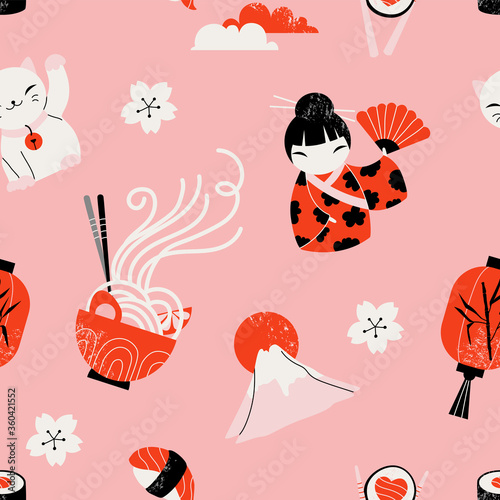 Japanese icon seamless pattern. Kokeshi doll, kimono, ramen noodles, mountain, lantern, and sushi. Modern illustrated pattern design for stationery, poster, wallpaper, and fabric design.