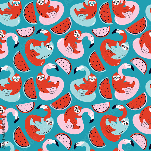 Funny sloth swims on an inflatable Flamingo float seamless pattern. Hand drawn swimming toy, sweet watermelon, cute animal on blue background. Concept summer, vacation, beach. Vector flat illustration
