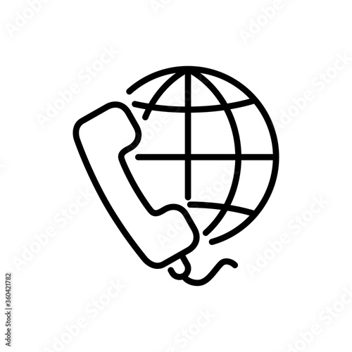 Concepto comunicación telefónica internacional. Icono plano lineal auricular de teléfono con globo terráqueo en color negro