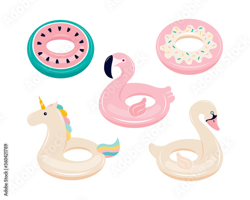 Set of inflatable floats for swimming in the shape of a Flamingo, unicorn, Swan, watermelon, donut. Water and beach colorful rubber toys isolated on a white background. Hand drawn vector illustration.