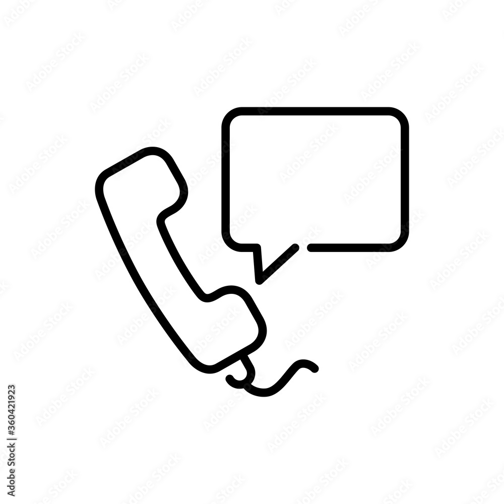 Concepto comunicación telefónica. Icono plano lineal auricular de teléfono con burbuja de habla en color negro Concepto comunicación telefónica. Icono plano lineal auricular de teléfono con burbuja de habla en color negro