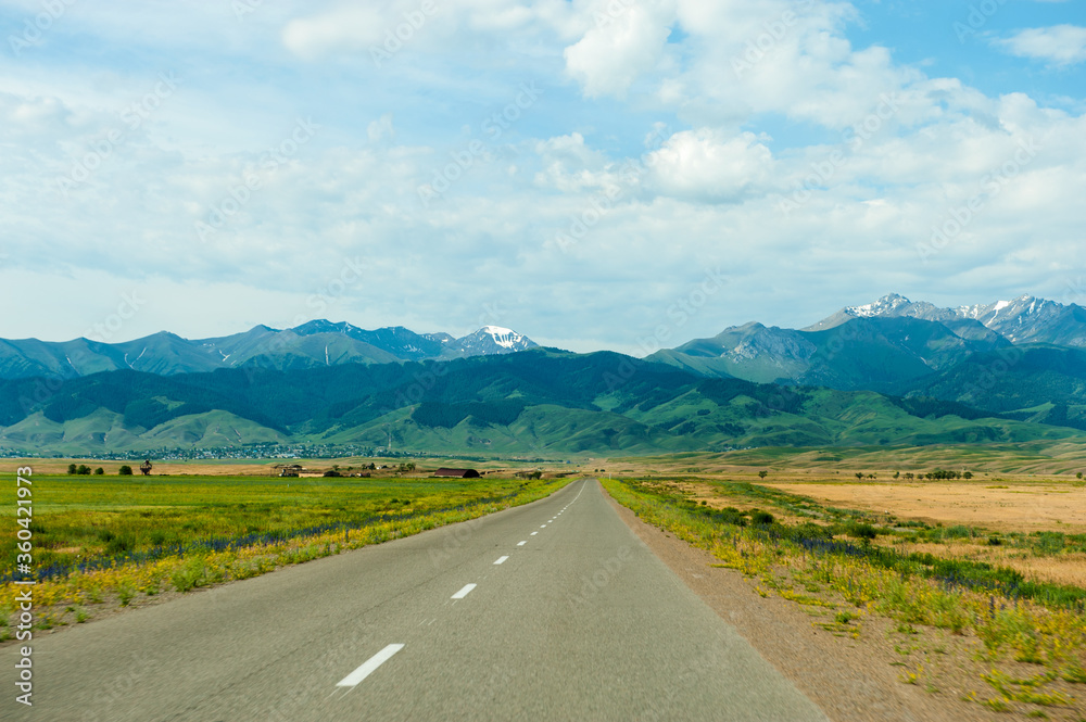 Naklejka premium Straight road to the mountains