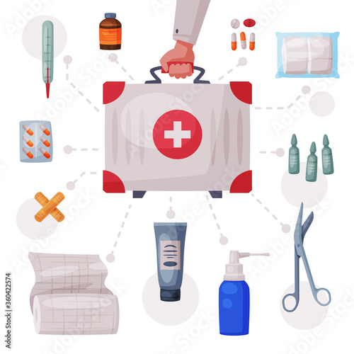 Doctors Hand Holding First Aid Kit Box with Medical Equipment and Medications, Tube of Ointment, Thermometer, Plaster, Ampule, Syringe, Forceps, Bandage Roller, Pills Flat Vector Illustration