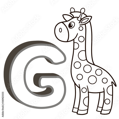 Vector coloring book alphabet with capital letters of the English and cute cartoon animals and things. Coloring page for kindergarten and preschool. Cards for learning English. Letter G. Giraffe