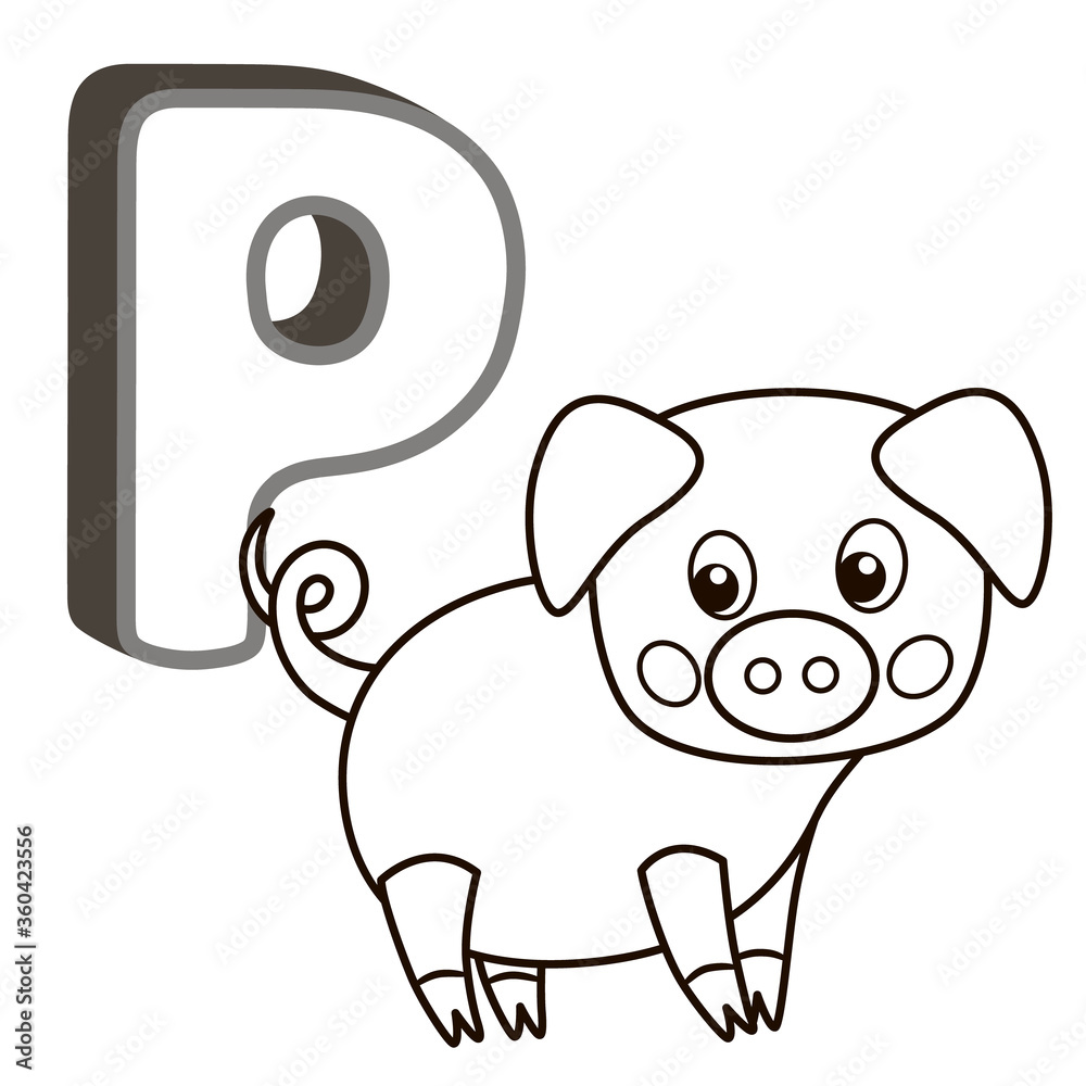 Naklejka premium Vector coloring book alphabet with capital letters of the English and cute cartoon animals and things. Coloring page for kindergarten and preschool. Cards for learning English. Letter P. Pig