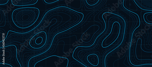 Topographic map. Topographic lines seamless pattern. Vector illustration. Contour. Map background. Dynamic lines on the dark background. Geographic abstract grid.