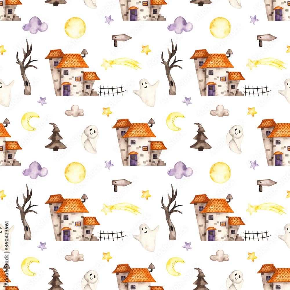 Halloween watercolor seamless pattern with house, ghosts, tree, moon, stars on a white background