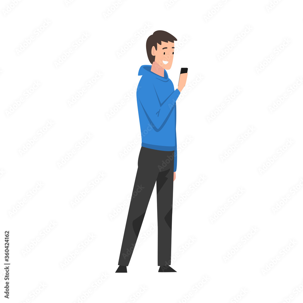 Guy Standing with Smartphone, Young Man Using Digital Gadget Vector Illustration Guy Standing with Smartphone, Young Man Using Digital Gadget Vector Illustration
