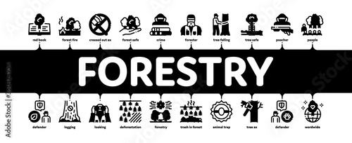 Forestry Lumberjack Minimal Infographic Web Banner Vector. Forestry Working Equipment And Tree Safe Fence, Animal And Forest Protection Illustration