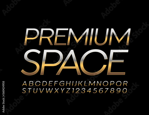 Vector elegant logo Premium Space with Gold thin Font. Shiny chic Alphabet Letters and Numbers