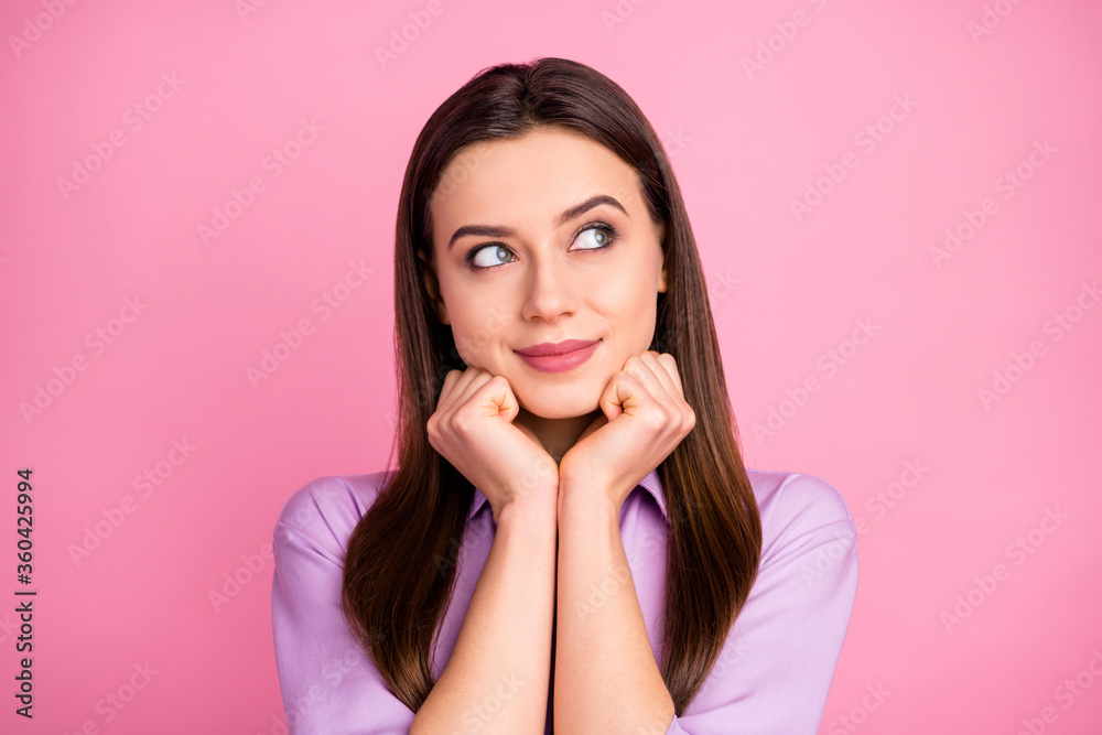 Close-up portrait of her she nice-looking attractive lovely pretty cute peaceful dreamy brunet straight-haired girl creating new strategy thinking isolated over pink pastel color background Close-up portrait of her she nice-looking attractive lovely pretty cute peaceful dreamy brunet straight-haired girl creating new strategy thinking isolated over pink pastel color background