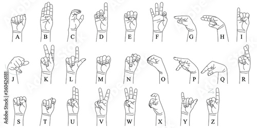 
Hand gestures showing letters of American Sign Language. Alphabetical symbols on deaf-mute language for communication. Vector illustration in outline style isolated on white background.  photo