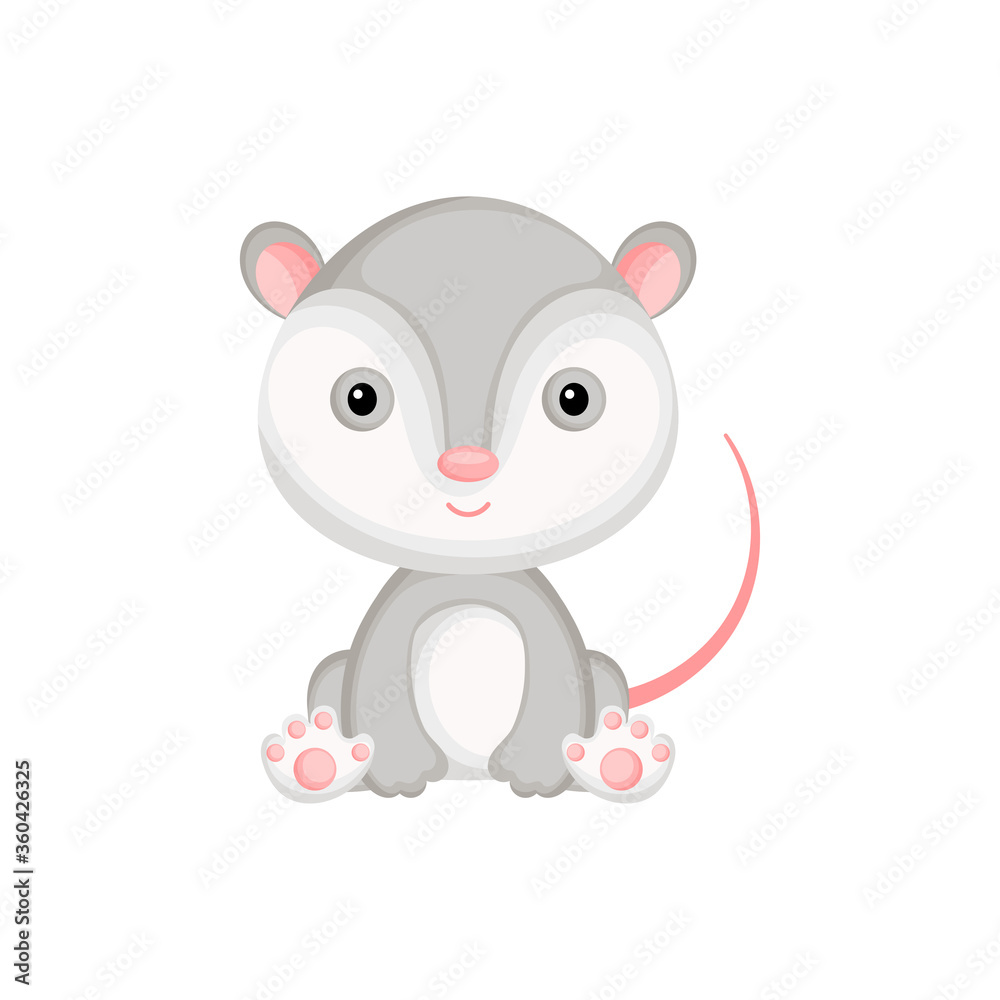 Fototapeta premium Cute baby opossum sitting isolated on white background. Adorable animal character for design of album, scrapbook, card, invitation on baby shower, party. Flat cartoon colorful vector illustration.