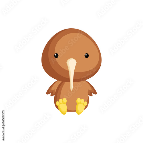 Cute baby kiwi sitting isolated on white background. Adorable animal character for design of album, scrapbook, card, invitation on baby shower, party. Flat cartoon colorful vector illustration.
