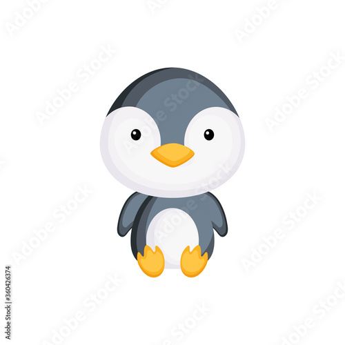 Cute baby penguin sitting isolated on white background. Adorable animal character for design of album, scrapbook, card, invitation on baby shower, party. Flat cartoon colorful vector illustration.