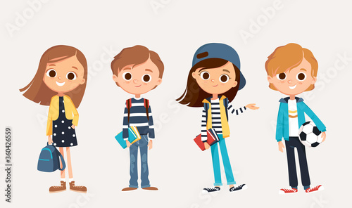 Set of happy kids in different clothes. Cartoon characters