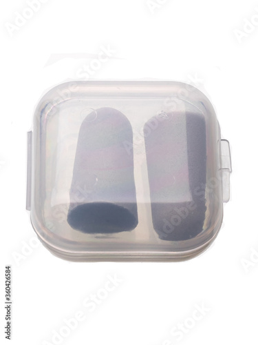 plastic earplugs in a transparent box