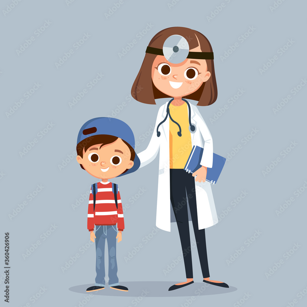 Female doctor pediatrician with patient child girl standing close to each other.