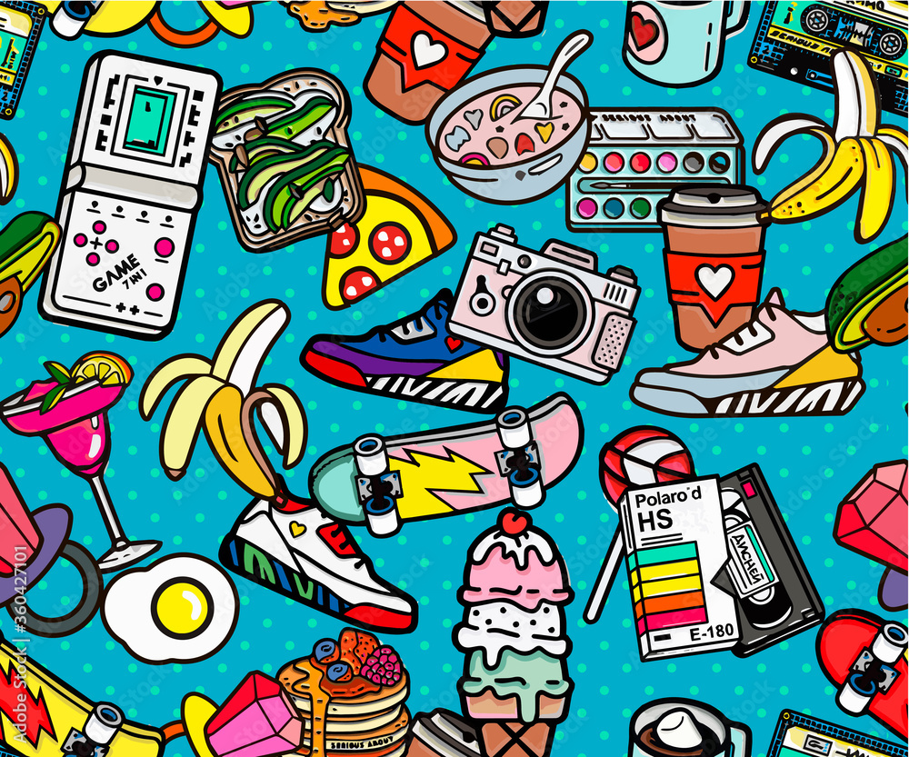 Memphis pattern of geometric shapes with old-fashioned retro stuff with a game, vhs cassette, skate, stick candy, sneakers and an old audio cassette. items on the theme of nastalgia 90s-80s, for fabri