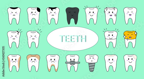 Vector illustration. Funny teeth. Teeth icons. Dentistry.