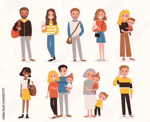 Set of people in different poses. Young happy family with a little child.