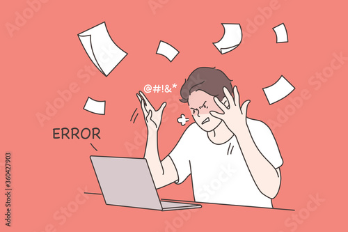 Business, mental stress, anger, fury, freelance concept. Young depressed frustrated stressful businessman manager freelancer angry throwing papers in air. Burning deadline critical error illustration.