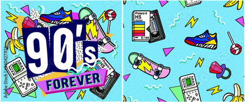Set of vector banners in trendy 80s-90s memphis style. with old-fashioned retro stuff with a game, vhs cassette, skate, stick candy, sneakers and an old audio cassette. Can be used in cover design, bo