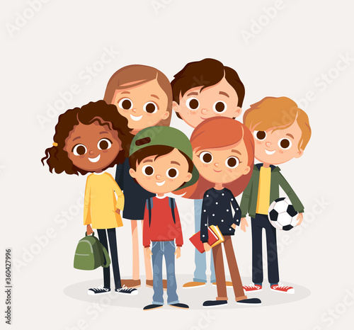 Group of smiling children standing together. Young people, friends, classmates.