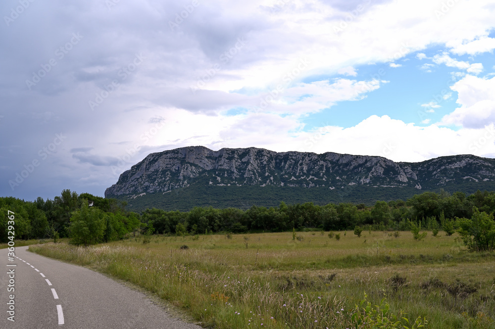 Countryside with Pic Saint Loup mountain in the background