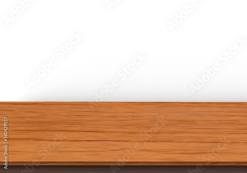 Wood table top perspective in 3D rendering on white background.