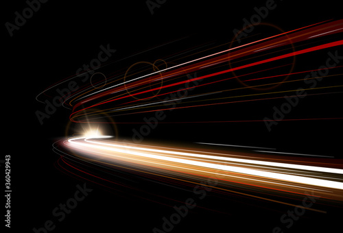 Vector illustration of dynamic lights speed road in dark background. Long exposure car light trails in road tunnel with motion red effect. Night time abstraction.