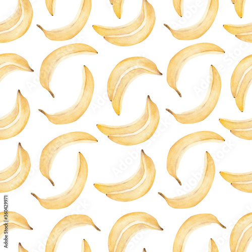 Banana yellow tropical fruit watercolor digital paper. Hand drawn seamless pattern clipart.