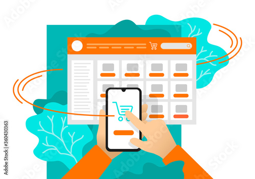 Online shopping - phone in hands with shopping basket and bying button on screen - internet shop web interface as a background - vector conceptual illustration