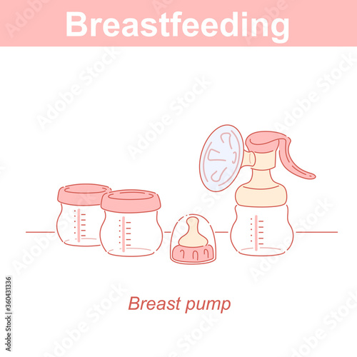 Breastfeeding accessories. Hand breast pump and container for milk.