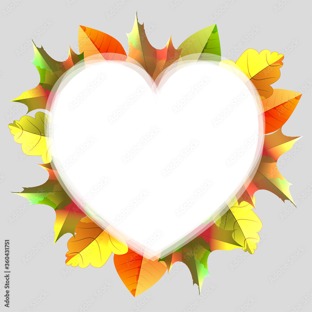 Colorful autumn leaves in a frame, heart. Background. Greeting card, label. Vector illustration Colorful autumn leaves in a frame, heart. Background. Greeting card, label. Vector illustration