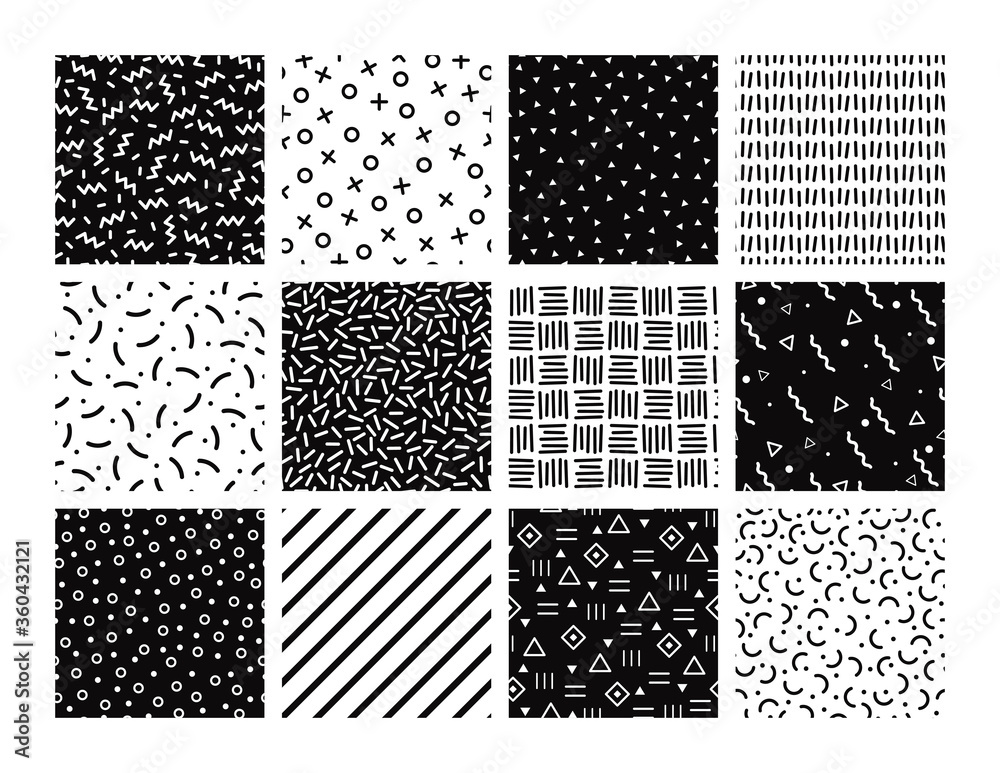 Vector collection of memphis seamless patterns with geometric elements. Black and white geometric patterns for graphic design, background, fabric, poster, wrapping paper, web. Retro fashion 80-90s.