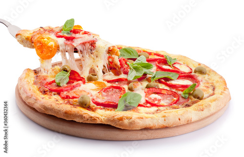 Supreme slice pizza with melted cheese isolated on a white background