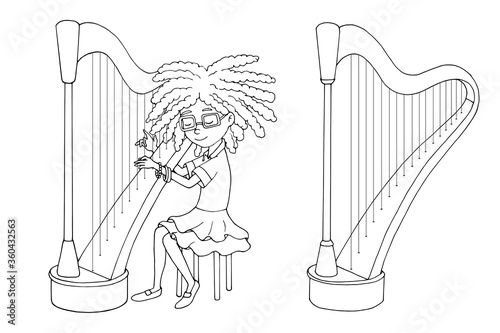 Cute cartoon girl playing the harp. Young harper. Music lesson. White and black vector illustration for coloring book. Isolated objects on white background.