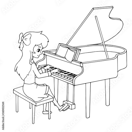 Cute cartoon girl playing the piano. Young pianist. Music lesson. Decor element for kids products (room, clothes, stationery). White and black vector illustration for coloring book.