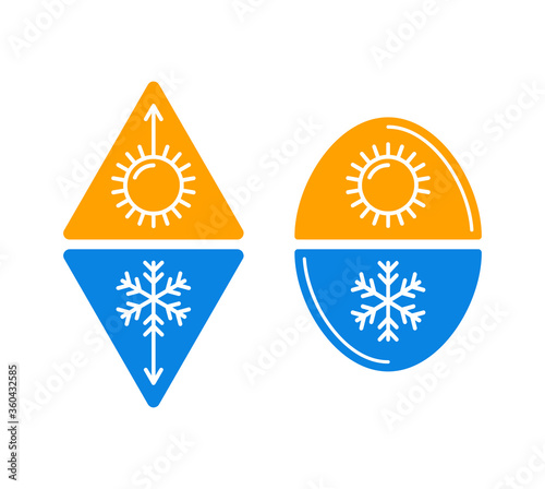 Climate control or Weather change   icon with temperature rising and lowering indicator marked as sun and snowflake signs - isolated vector set