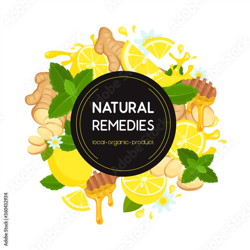 Vector illustration of natural home remedies with ginger root sliced, chamomile, lemon, honey and honey dipper, wood stick, mint and label. Melting honey drops isolated on white background. Local orga