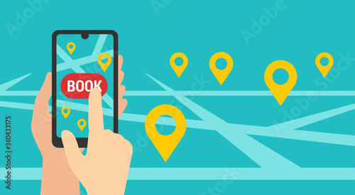 Booking online web phone application  concept - banner with smartphone in hands, city map and location pins of different hotels or apartments - flat cartoon vector illustration