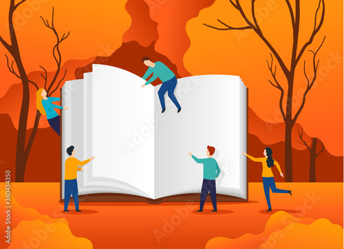 Textbook studying education - autumn book festival concept - small people reading an open hardcover book on autumn orange landscape background - vector thematical illustration